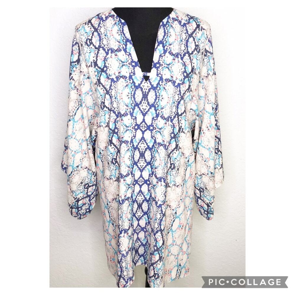 Elaine Turner cream blue pink flared sleeve dress size Small
